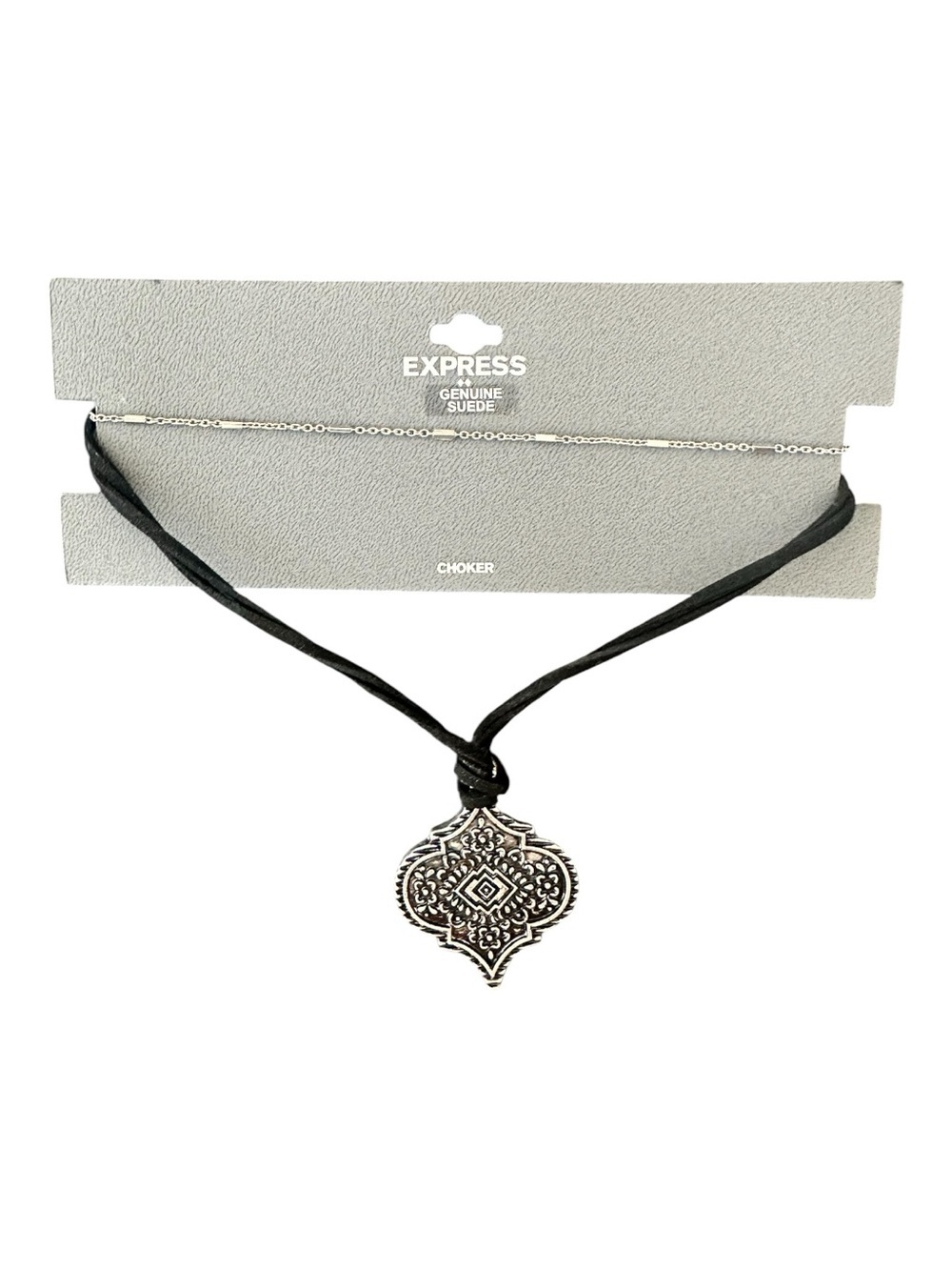 Express Black Suede Choker with Decorative Silver-Tone Pendant